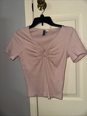 H&M Dusty Pink Ring-Front Ribbed Short Sleeve Tee